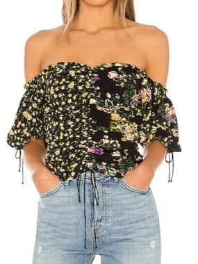 For Love And Lemons October Floral Ruched Drawstring Crop Top